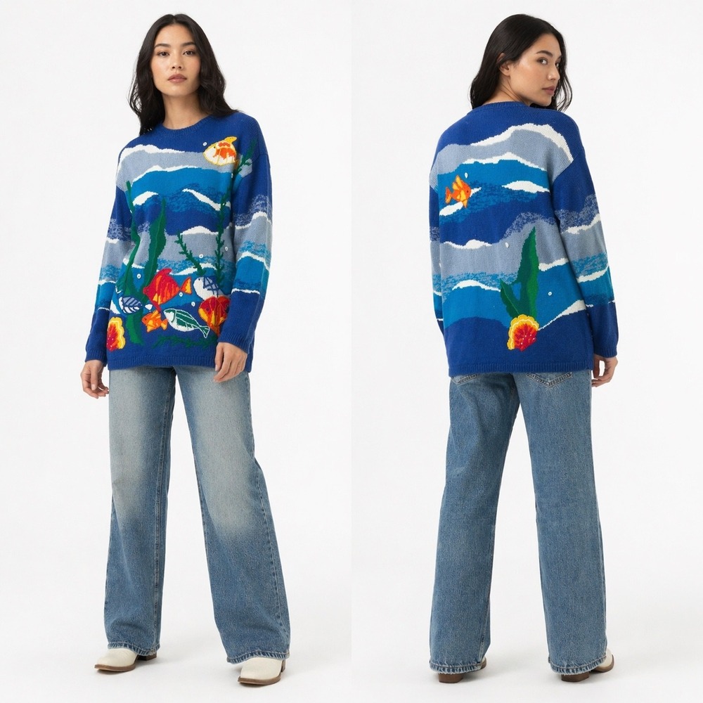 Vtg Talbots Women Sweater Blue L Vintage‎ Fish Nautical Ocean Ramie Cotton Knit